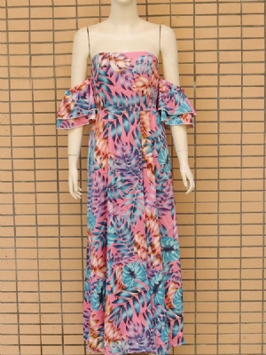 Vestido Feminino Até O Chão Em Falbala Expansão Dos Ombros E Manga Com Babado