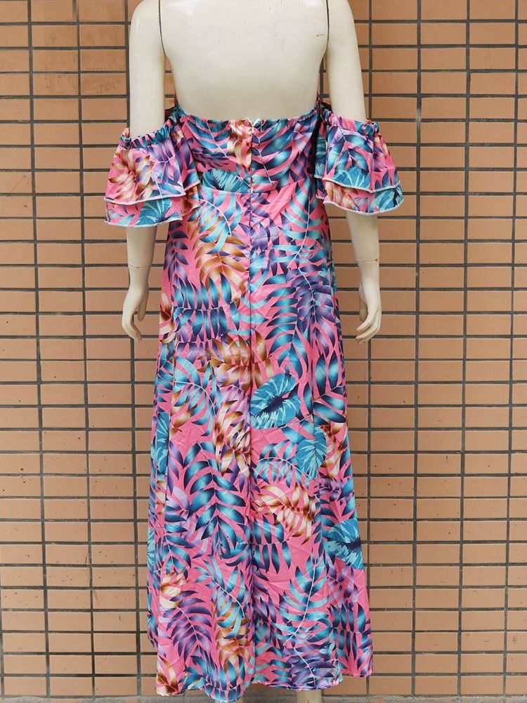 Vestido Feminino Até O Chão Em Falbala Expansão Dos Ombros E Manga Com Babado