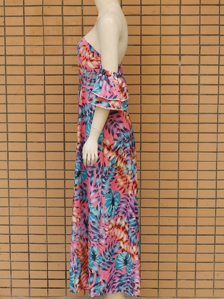 Vestido Feminino Até O Chão Em Falbala Expansão Dos Ombros E Manga Com Babado