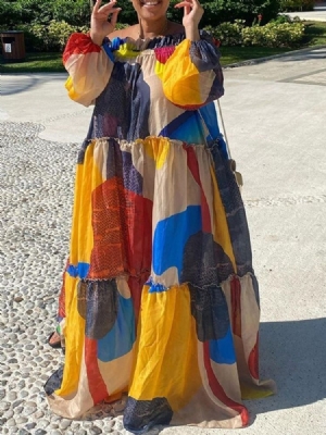 Vestido Feminino Até O Chão Em Patchwork De Manga Comprida Colorido Fashion
