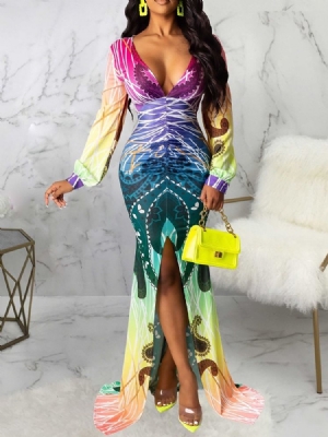 Vestido Feminino Até O Chão Manga Comprida Com Decote Em V Inverno Sereia