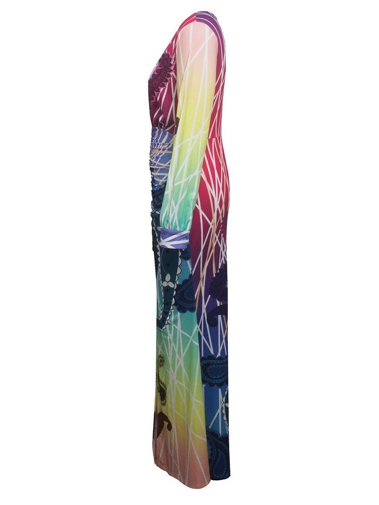 Vestido Feminino Até O Chão Manga Comprida Com Decote Em V Inverno Sereia