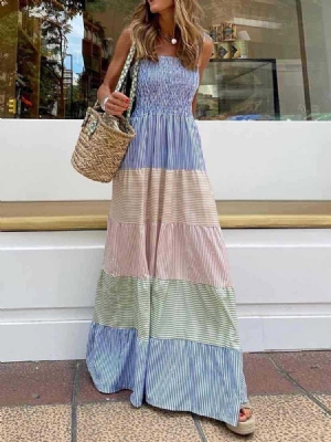 Vestido Feminino Até O Chão Sem Mangas Decote Quadrado Cor Bloco Maxi Vestido