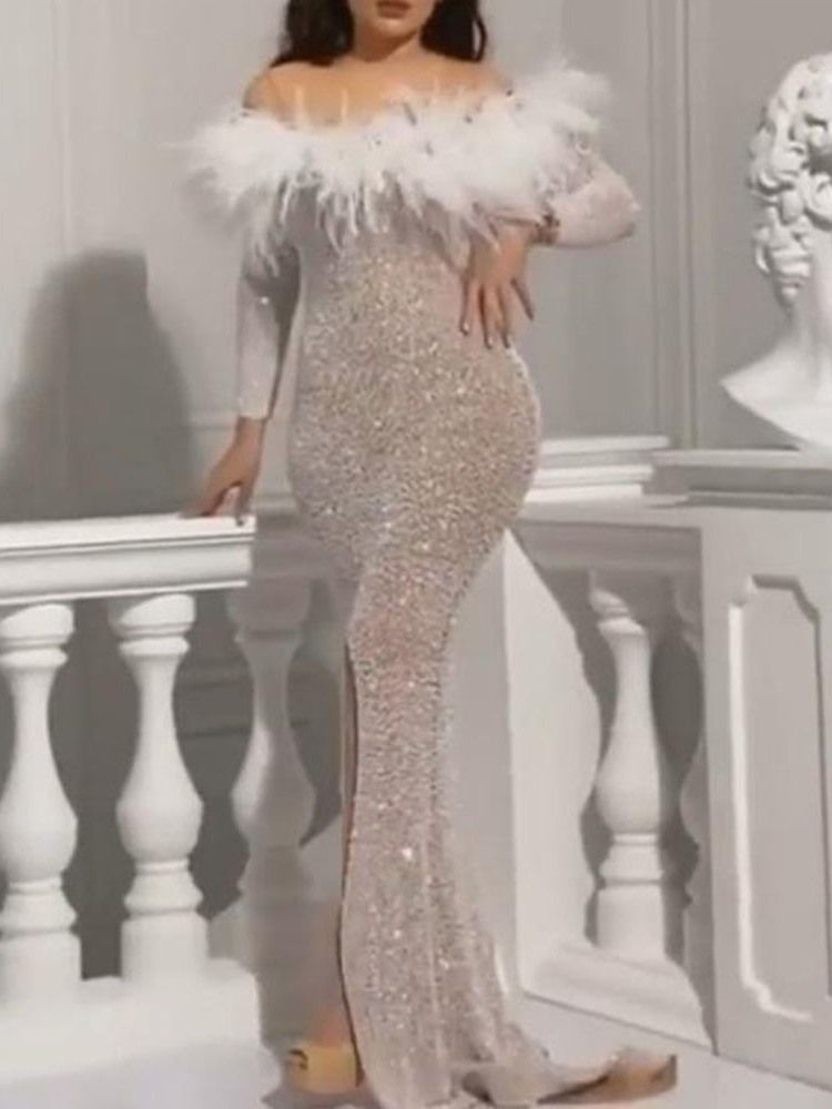 Vestido Feminino Até O Chão Sem Ombro Manga Nove Pontos Pulôver Sexy