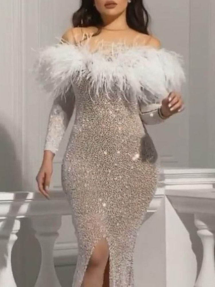 Vestido Feminino Até O Chão Sem Ombro Manga Nove Pontos Pulôver Sexy