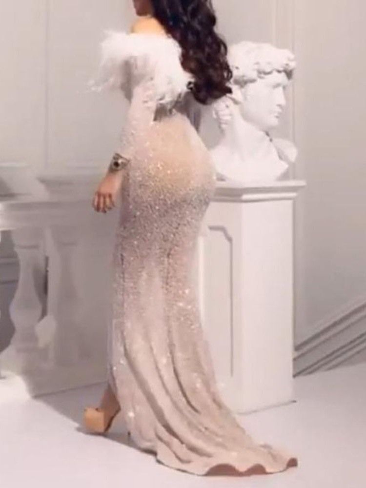 Vestido Feminino Até O Chão Sem Ombro Manga Nove Pontos Pulôver Sexy