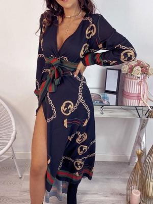 Vestido Feminino Até O Tornozelo Com Cordão E Decote Em V Outono Geométrico