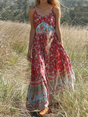 Vestido Feminino Boêmio De Expansão Na Altura Do Tornozelo Vestido Floral Pregueado Para Viagem