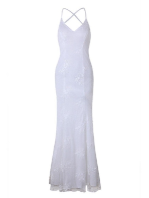 Vestido Feminino Bordado Com Alça De Espaguete Tipo Sereia