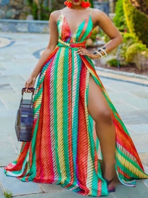 Vestido Feminino Com Decote Em V Até O Chão Com Estampa De Pulôver