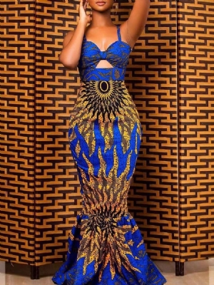 Vestido Feminino Com Decote Em V Até O Chão Estampado Coquetel Com Alça Espaguete
