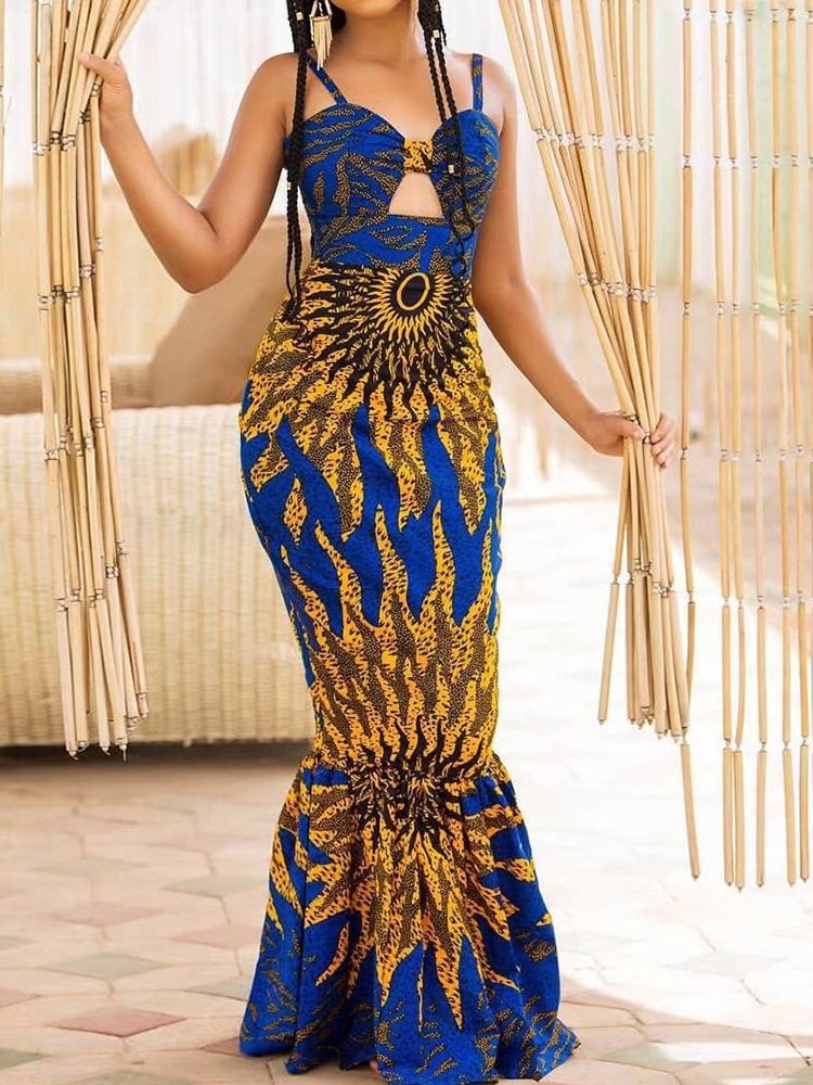 Vestido Feminino Com Decote Em V Até O Chão Estampado Coquetel Com Alça Espaguete