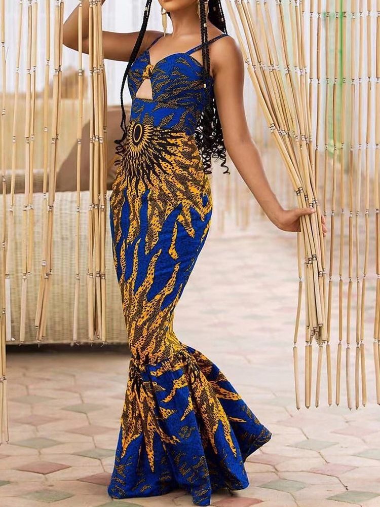 Vestido Feminino Com Decote Em V Até O Chão Estampado Coquetel Com Alça Espaguete