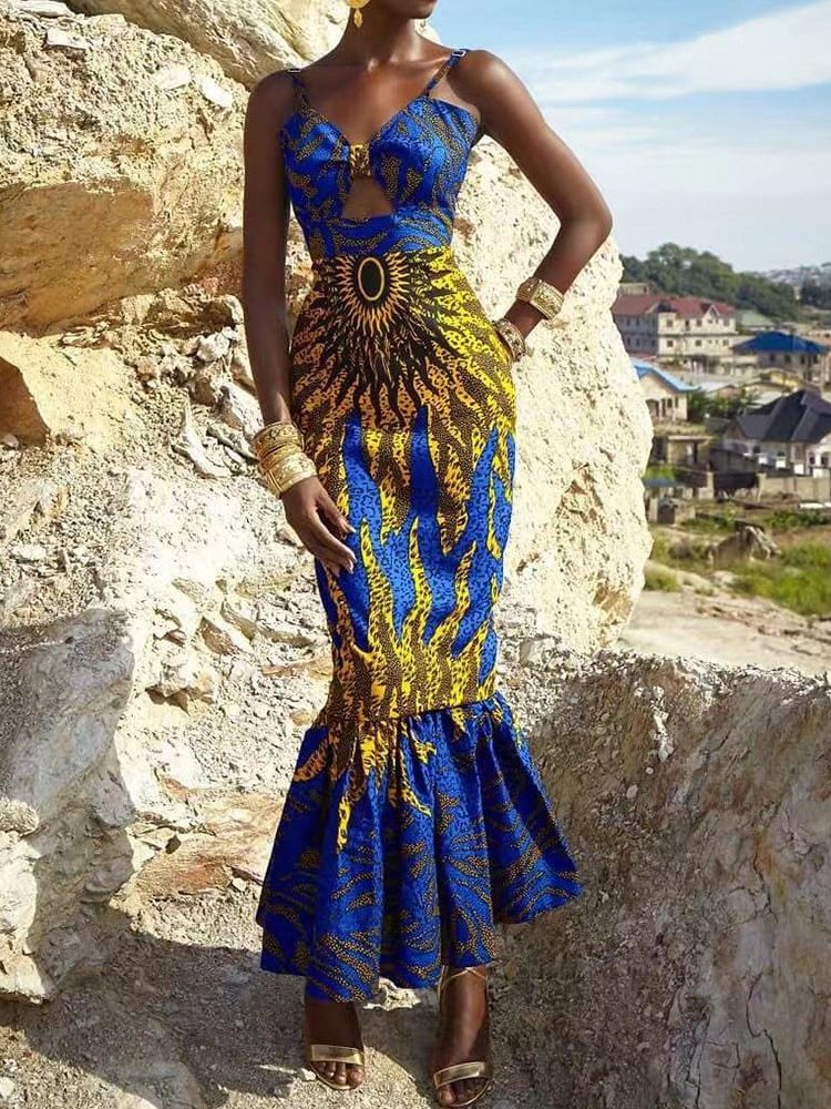Vestido Feminino Com Decote Em V Até O Chão Estampado Coquetel Com Alça Espaguete