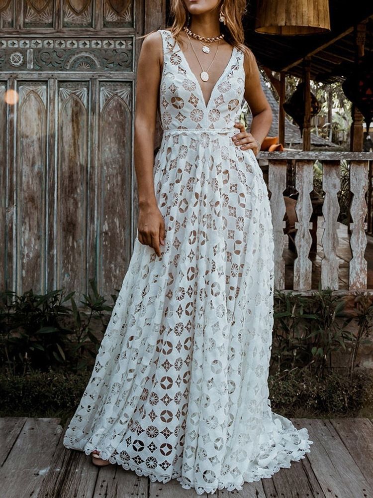 Vestido Feminino Com Decote Em V Branco Sem Mangas Até O Chão