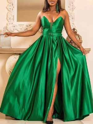 Vestido Feminino Com Decote Em V Dividido Até O Chão Vestido Maxi De Cintura Alta