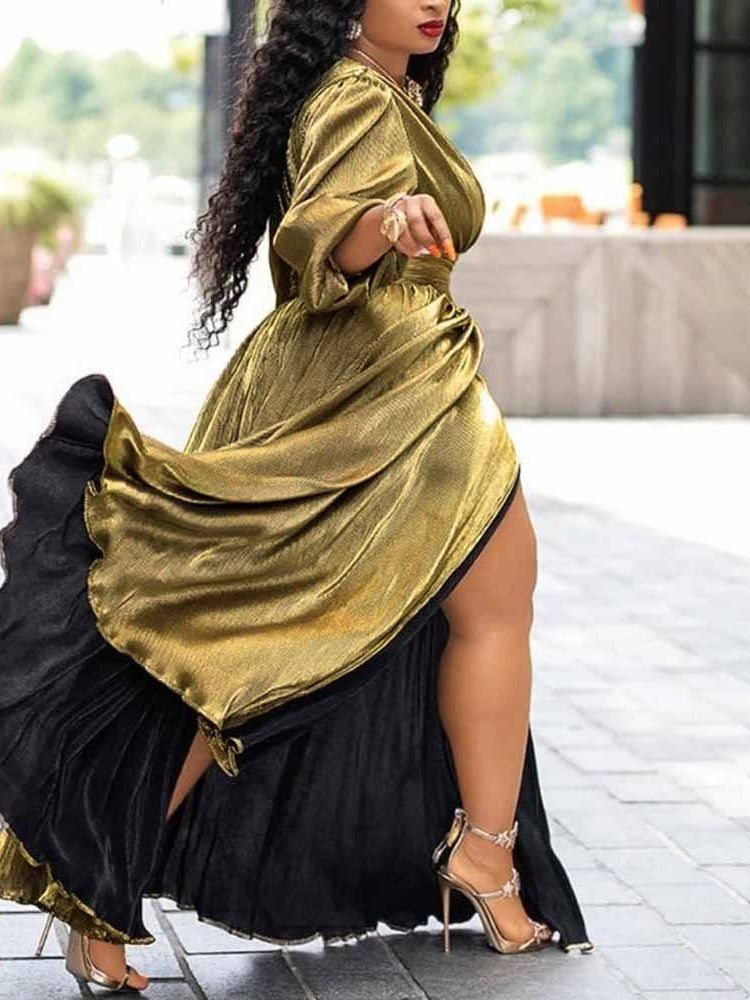 Vestido Feminino Com Decote Em V Dividido Em Três Quartos De Expansão De Manga Simples