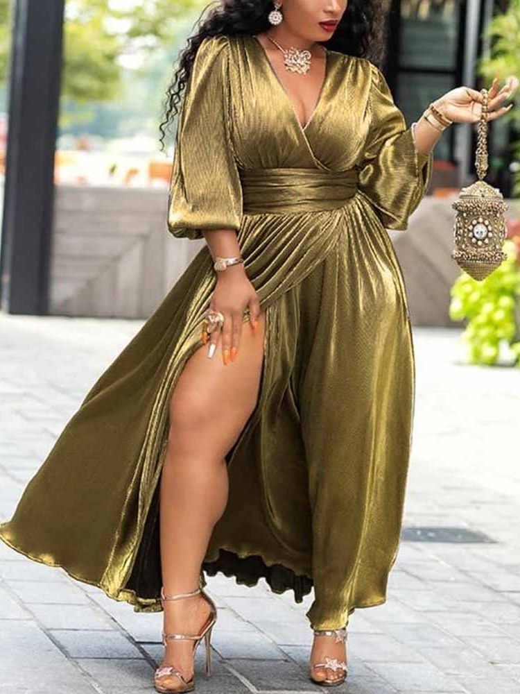 Vestido Feminino Com Decote Em V Dividido Em Três Quartos De Expansão De Manga Simples