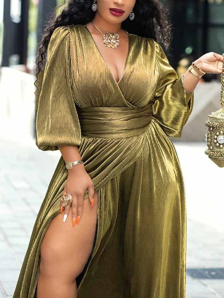 Vestido Feminino Com Decote Em V Dividido Em Três Quartos De Expansão De Manga Simples