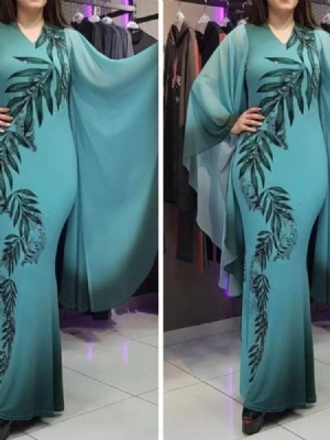 Vestido Feminino Com Decote Em V E Manga Comprida Na Altura Do Tornozelo Summer Bodycon