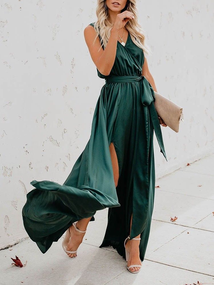 Vestido Feminino Com Decote Em V E Um Botão Sem Mangas Na Altura Do Tornozelo
