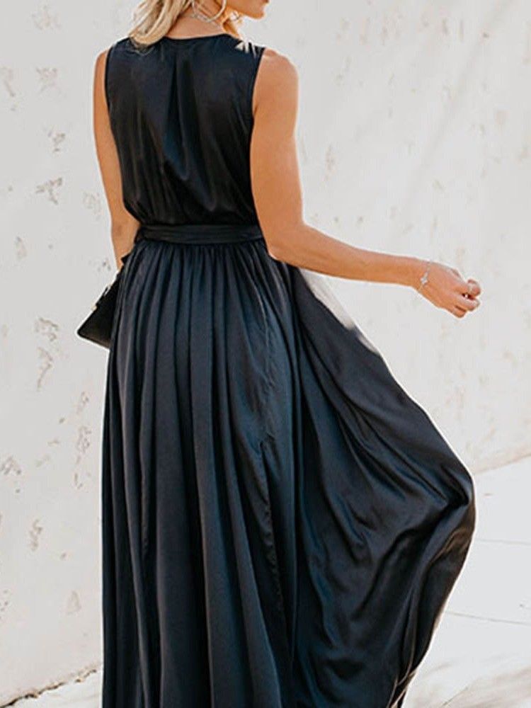 Vestido Feminino Com Decote Em V E Um Botão Sem Mangas Na Altura Do Tornozelo
