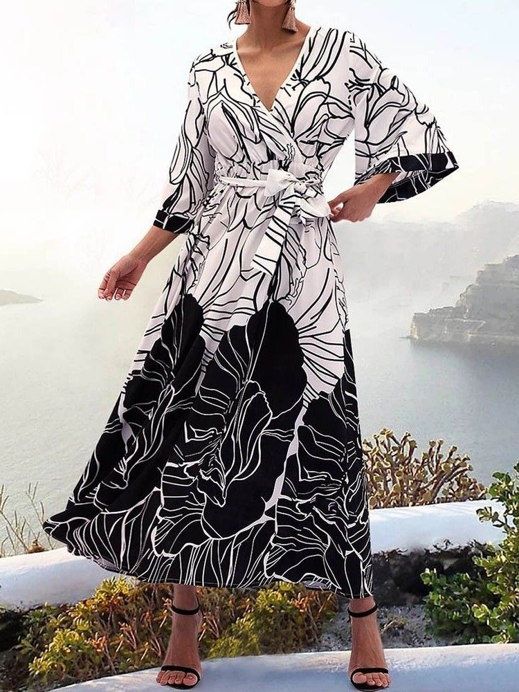 Vestido Feminino Com Decote Em V Com Estampa De Manga Comprida E Manga Larga