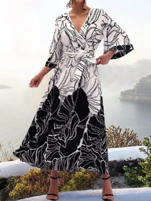 Vestido Feminino Com Decote Em V Com Estampa De Manga Comprida E Manga Larga