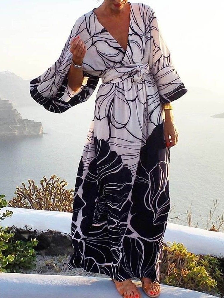 Vestido Feminino Com Decote Em V Com Estampa De Manga Comprida E Manga Larga