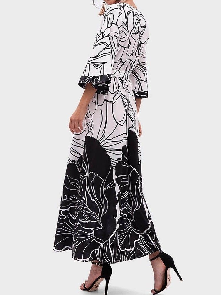 Vestido Feminino Com Decote Em V Com Estampa De Manga Comprida E Manga Larga