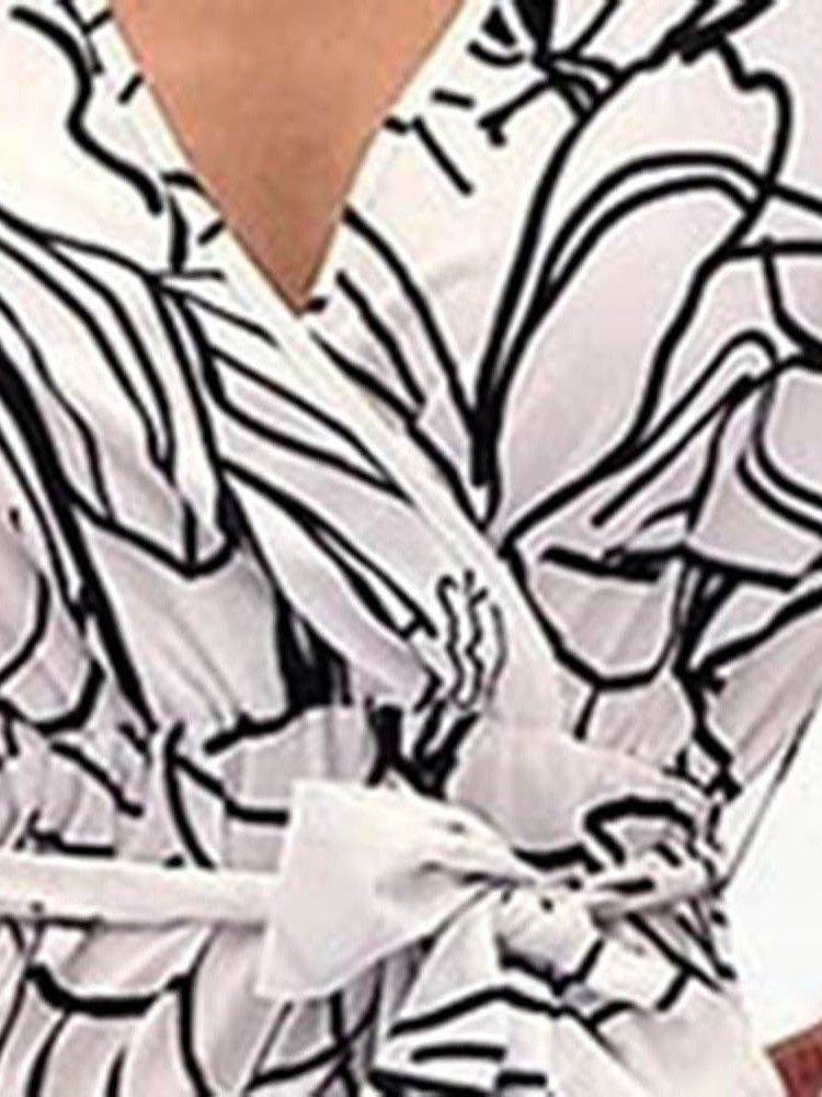 Vestido Feminino Com Decote Em V Com Estampa De Manga Comprida E Manga Larga