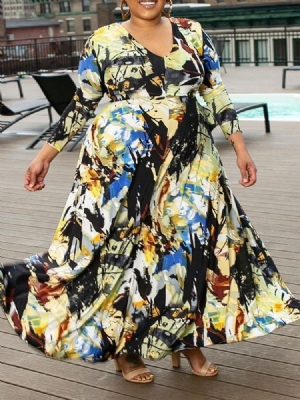 Vestido Feminino Com Decote Em V Estampado Até O Tornozelo Pulôver De Cintura Alta