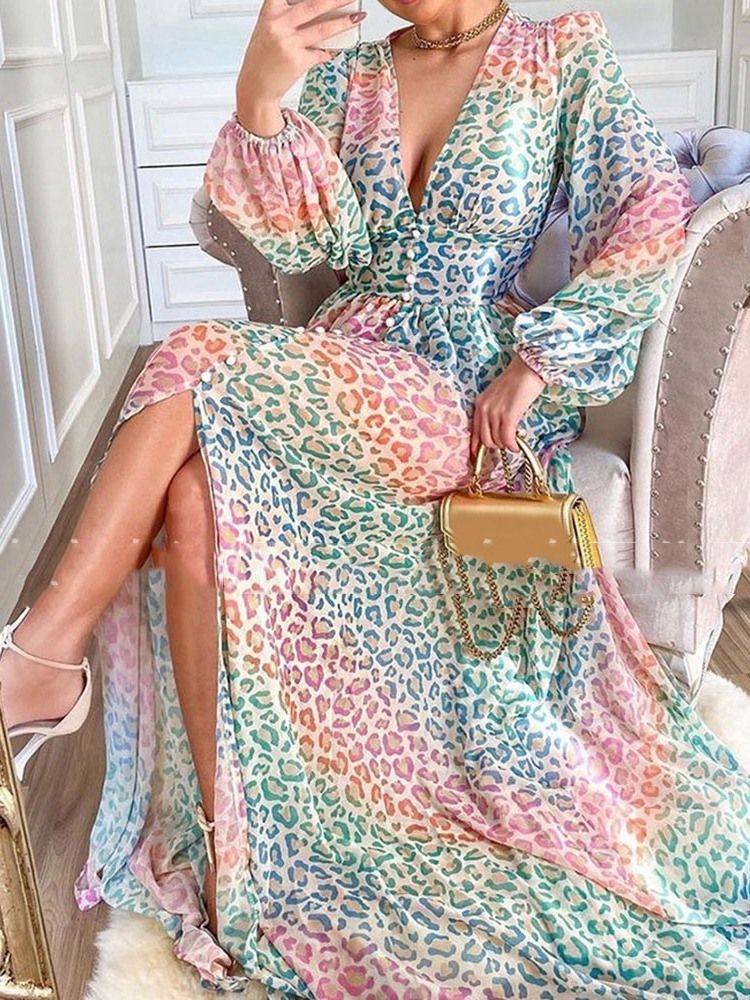 Vestido Feminino Com Decote Em V De Manga Comprida Estampado Casual Expansivo