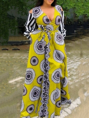 Vestido Feminino Com Decote Em V De Manga Comprida Pulôver Até O Chão