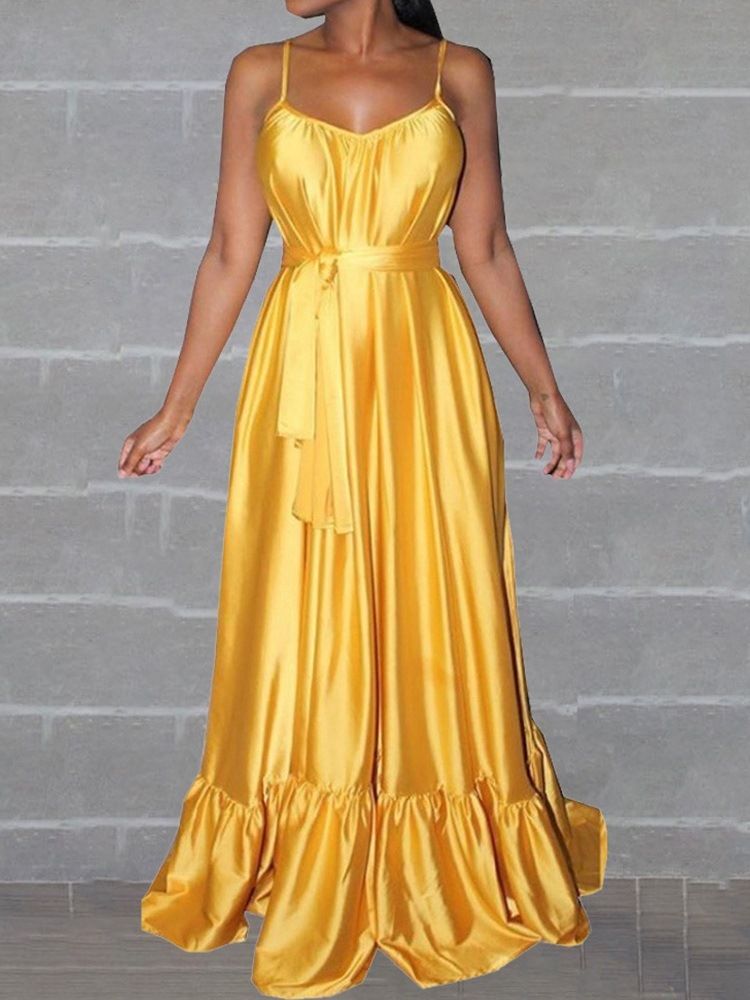 Vestido Feminino Com Decote Em V Sem Mangas Até O Chão