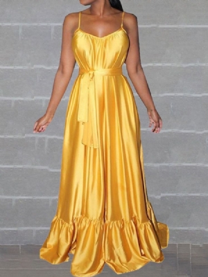 Vestido Feminino Com Decote Em V Sem Mangas Até O Chão