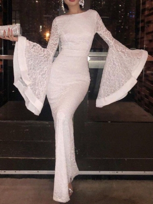 Vestido Feminino Com Decote Redondo Na Altura Do Tornozelo E Manga Flare Larga
