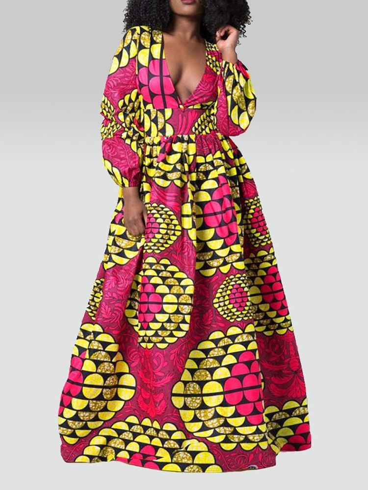 Vestido Feminino Com Estampa Até O Chão Com Decote Em V Pulôver De Cintura Alta