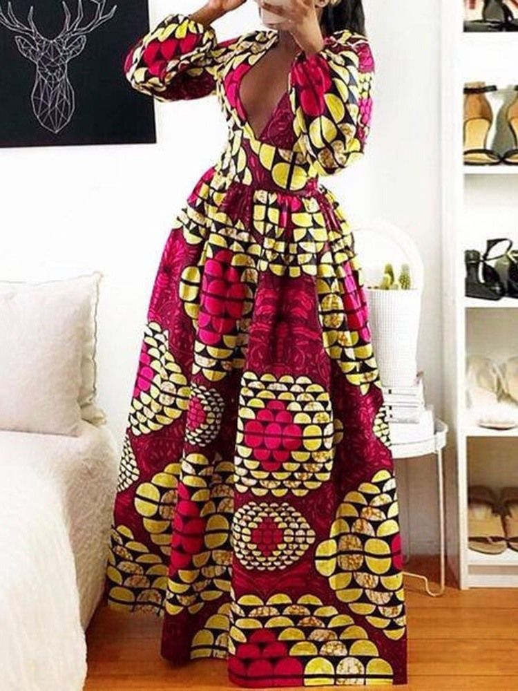 Vestido Feminino Com Estampa Até O Chão Com Decote Em V Pulôver De Cintura Alta