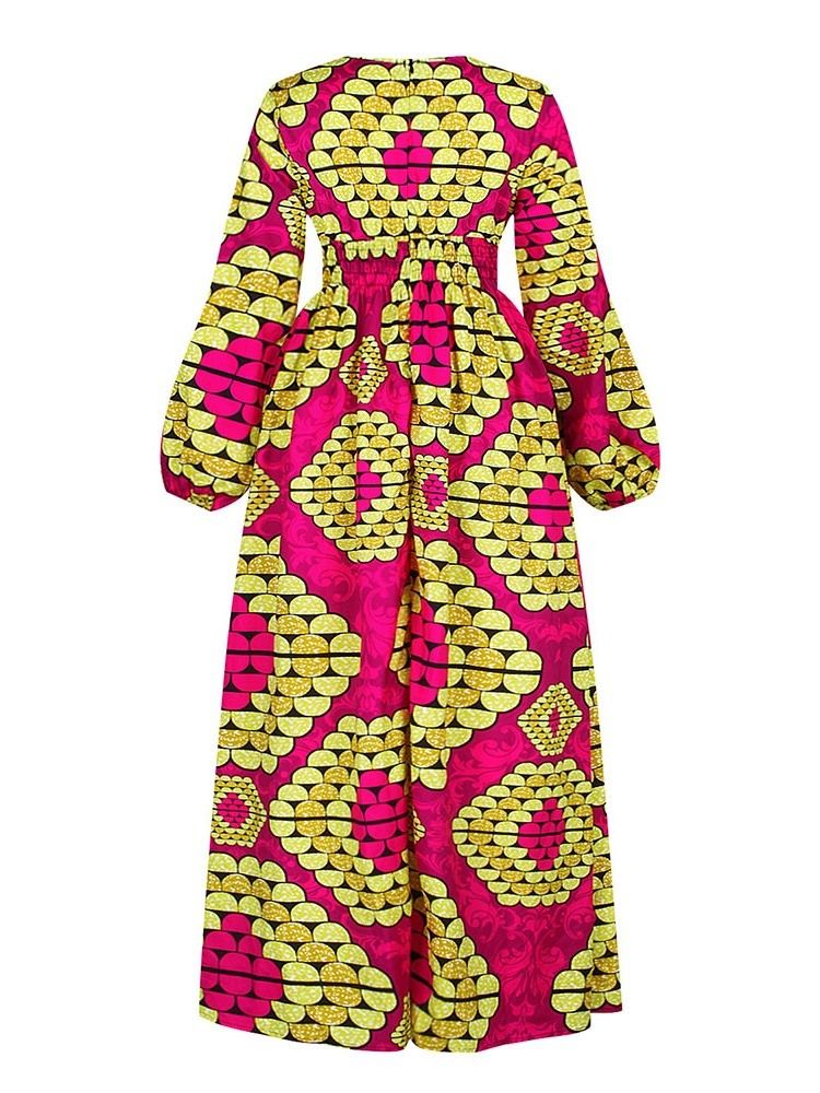 Vestido Feminino Com Estampa Até O Chão Com Decote Em V Pulôver De Cintura Alta