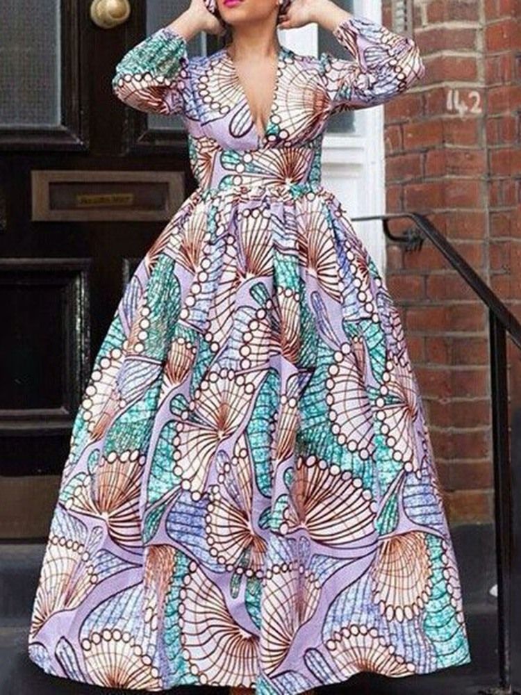 Vestido Feminino Com Estampa Até O Chão Com Decote Em V Pulôver De Cintura Alta
