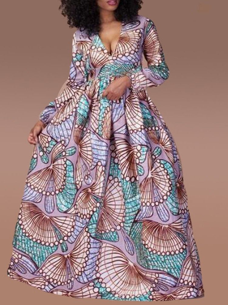 Vestido Feminino Com Estampa Até O Chão Com Decote Em V Pulôver De Cintura Alta