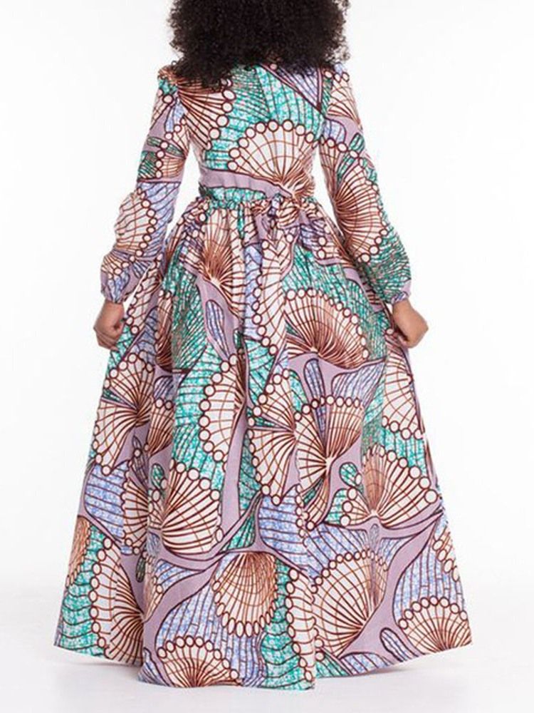 Vestido Feminino Com Estampa Até O Chão Com Decote Em V Pulôver De Cintura Alta