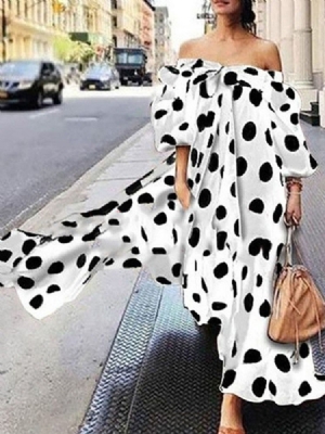 Vestido Feminino Com Estampa Até O Tornozelo E Sem Ombro Com Bolinhas De Verão
