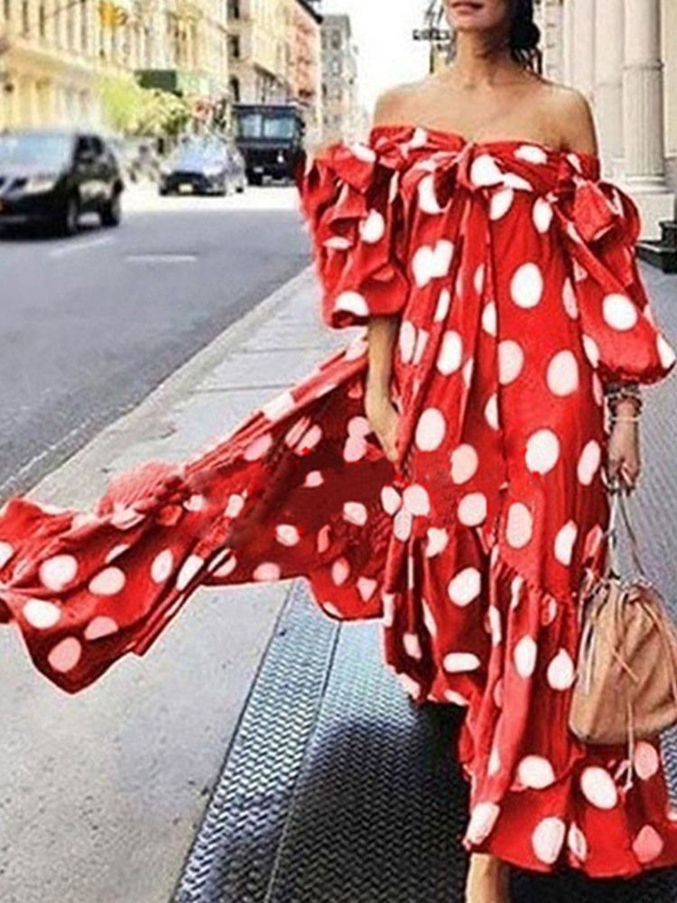 Vestido Feminino Com Estampa Até O Tornozelo E Sem Ombro Com Bolinhas De Verão