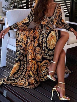 Vestido Feminino Com Estampa De Decote Em V Manga Comprida Em Forma De Lanterna