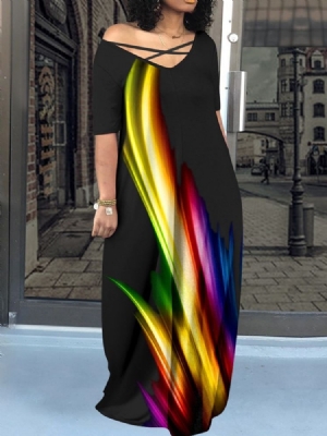 Vestido Feminino Com Estampa De Meia Manga Até O Chão Vestido Gradiente De Verão