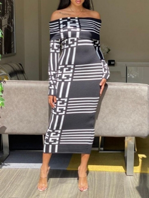 Vestido Feminino Com Estampa De Pulôver Sem Ombros E Meio Da Panturrilha