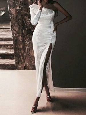 Vestido Feminino Com Gola Oblíqua Dividida Na Altura Do Tornozelo