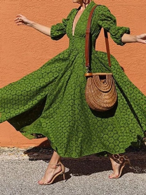 Vestido Feminino Com Manga Três Quartos Na Altura Do Tornozelo Oco E Expansão Na Cintura Alta